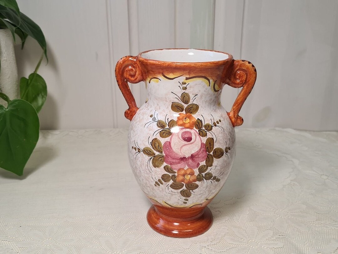 Italian Handpainted Ceramic Handle Vase Table Vase Ceramic Vase Art