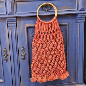 Retro vintage macrame bag with bamboo handles shopping net carry bag