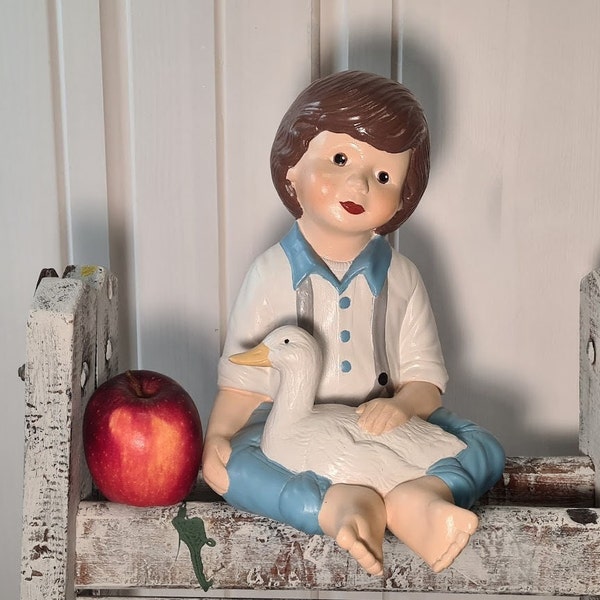 Keramik 24cm Große Figur Junge mit Gans Vintage Jahrgang 50er 60er Dorf Kind