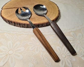 2-piece salad servers teak wood handle stainless steel vintage 1960s 70s design serving cutlery