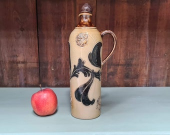 Vintage stoneware bottle with stopper vessel water bottle vinegar bottle wine bottle jug handmade hand carved