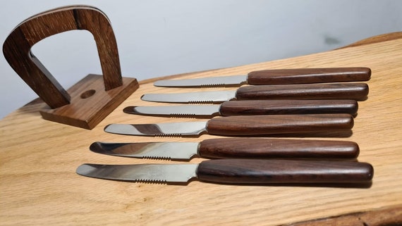 Vintage Solingen Fruit Knife Set Teak Wood With Stand Rustproof Vintage Mid  Century 1960s 