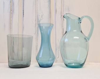 Blaues Glas Vase Henkelvase Krug 0,7L  Zylindervase Rauchglas Blumenvase Tischvase