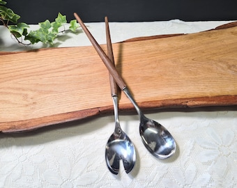 Vintage 2-piece salad servers stainless steel with wooden handles 1960s 70 serving cutlery