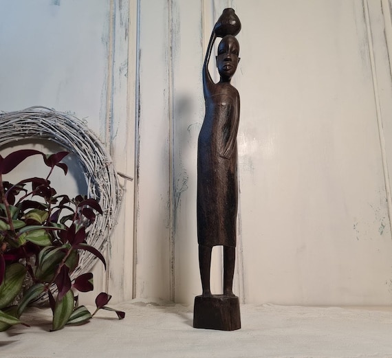  African water carrier wood sculpture, Hand Carved