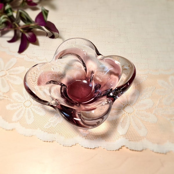 Murano Glass Bowl Ashtray 1950s 60s Tealight Candle Holder Jewelry Bowl Glass Bowl Dark Purple Clear Glass Mid Century Design