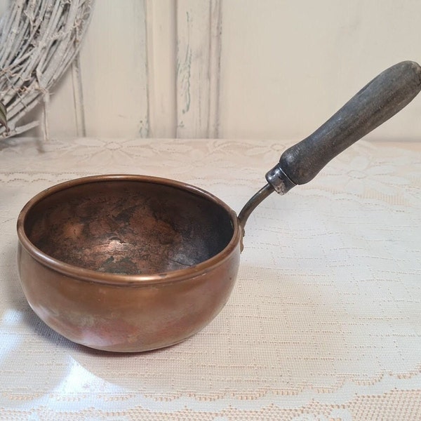 Antiker Kupfer Topf  mit Holz Griff Kochgeschirr Kochtopf Pfanne
