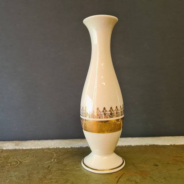 PMR Bavaria Jaeger & Co Porzellan Vase Weiß Elfenbein Golddekor Vintage Tischvase Blumenvase Einzelblumenvase