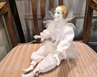 Vintage Pierrot Porcelain 1980s Clown Harlequin Doll