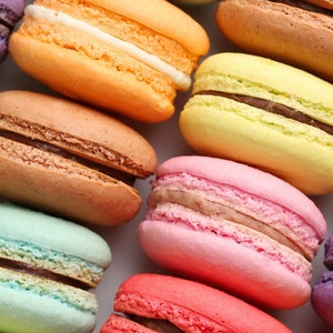 May include: A close-up of a variety of colorful macarons. The macarons are arranged in a row, with the filling visible between the two halves. The macarons are a variety of colors, including purple, orange, yellow, pink, and blue.