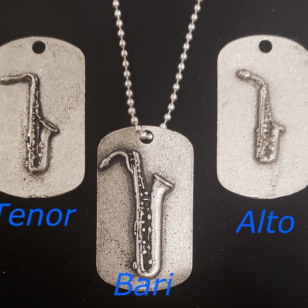 Saxophone Sax Jewelry Necklace Tag Alto Tenor Bari Pewter Charm Chain