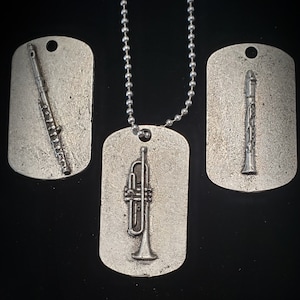 Trumpet Clarinet or Flute Dog Tag Instrument Necklace with Chain for Band Music BOA Charm with Chain