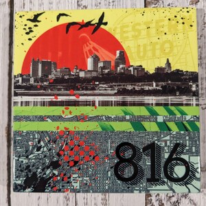 May include: A colorful, abstract collage featuring a cityscape with a red sun and the text "Western Auto" in yellow. The bottom of the image features a black and white map with the number "816" in black.