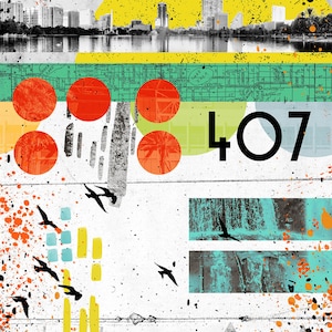 May include: Abstract art collage featuring a cityscape with a yellow sun, red and orange circles, black birds, and the number 407. The background is white with black and orange paint splatters.