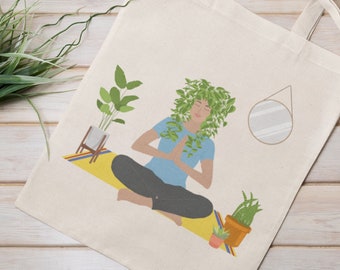 Plant Lady Tote Bag | Pot Head Tote Bag | House Plant and Meditation Art Print Bag | Plant Lover Bag | Canvas Tote | Reusable Grocery Bag