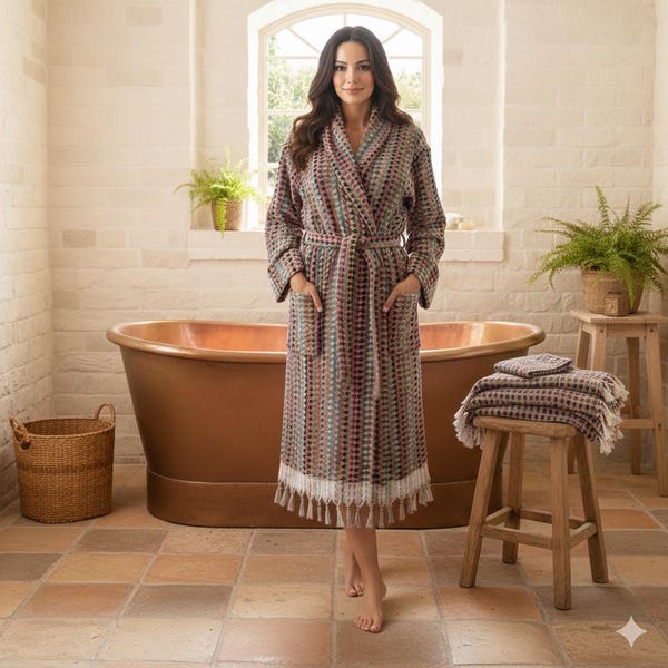 Roupão de banho turco unissex em algodão orgânico, tecido à mão e macio.