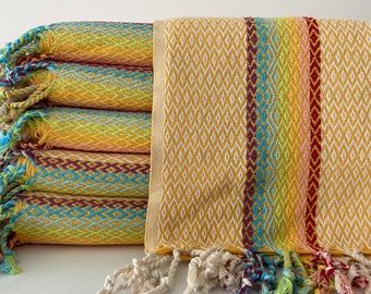 Asciugamano in cotone turco arcobaleno: telo da spiaggia giallo senape
