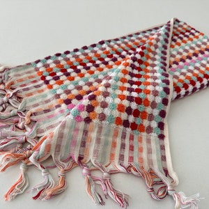 May include: A colorful hand towel with a checkered pattern and fringe. The towel is made of a soft, absorbent material and features a variety of colors, including red, orange, green, and purple.