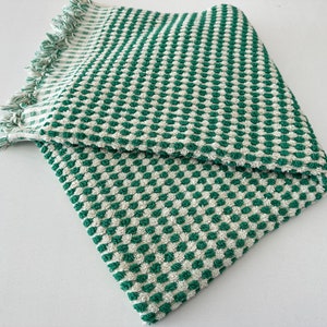 May include: A green and white checkered bath towel with a fringed edge.