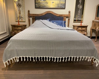 Turkish Blanket 79x87, Housewarming Gift, Couch Throw, Organic Blanket, Gray Turkish Bedspread, Decorative Throw Blanket