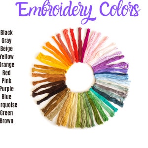 May include: A color wheel of embroidery floss in various colors, including black, gray, beige, yellow, orange, red, pink, purple, blue, turquoise, green, and brown. The floss is arranged in a circle, with the colors transitioning from dark to light.