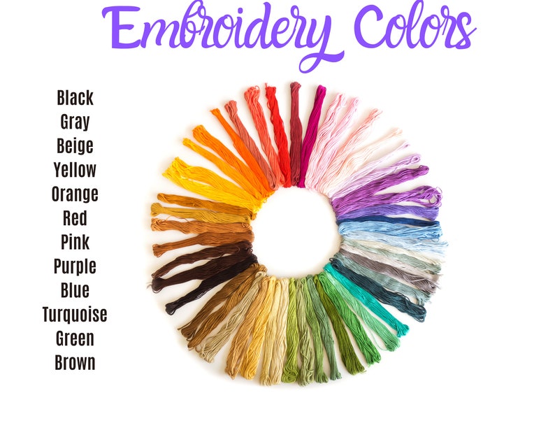 May include: A color wheel of embroidery floss in various colors, including black, gray, beige, yellow, orange, red, pink, purple, blue, turquoise, green, and brown. The floss is arranged in a circle, with the colors transitioning from dark to light.
