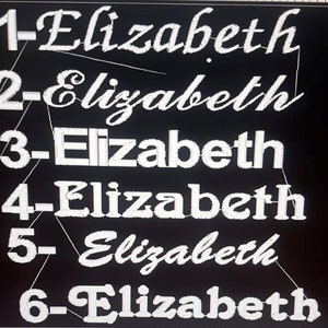 Puede incluir: Primer plano de seis nombres bordados en blanco, cada uno con el n&uacute;mero del 1 al 6 delante. Los nombres son todos "Elizabeth".