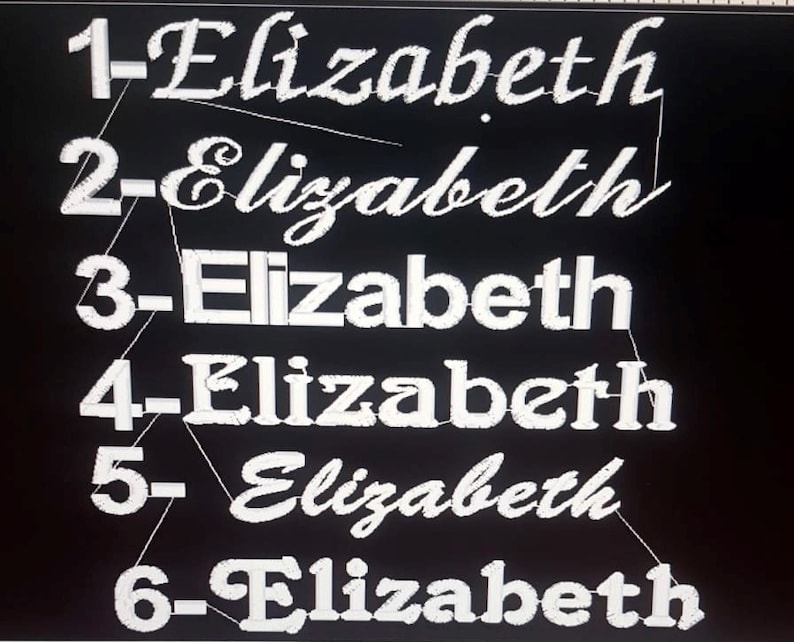 Puede incluir: Primer plano de seis nombres bordados en blanco, cada uno con el n&uacute;mero del 1 al 6 delante. Los nombres son todos "Elizabeth".