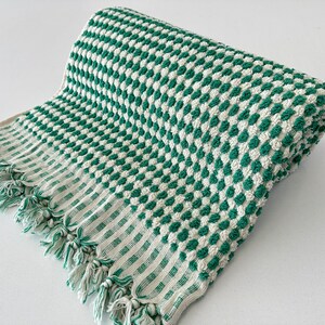 May include: A green and white checkered bath towel with a fringe border. The towel is made of a soft, absorbent material and is perfect for drying off after a shower or bath.