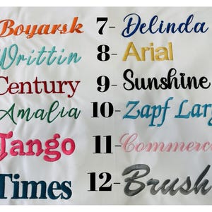May include: A white background with a list of 12 different font names and their corresponding numbers. The font names are: Boyarsk, Writtin, Century, Amalia, Tango, Times, Delinda, Arial, Sunshine, Zapf Large, Commercial, and Brush.