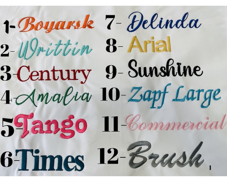 May include: A white background with a list of 12 different font names and their corresponding numbers. The font names are: Boyarsk, Writtin, Century, Amalia, Tango, Times, Delinda, Arial, Sunshine, Zapf Large, Commercial, and Brush.