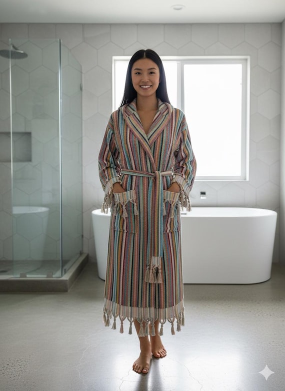 turkish cotton dressing gown Boho Striped Turkish Cotton Bathrobe - Handloomed Peshtemal Robe with Tassels