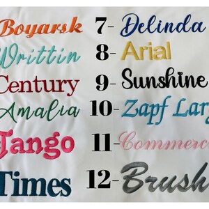 May include: A white background with a list of 12 different font names and their corresponding numbers. The font names are: Boyarsk, Writtin, Century, Amalia, Tango, Times, Delinda, Arial, Sunshine, Zapf Large, Commercial, and Brush.