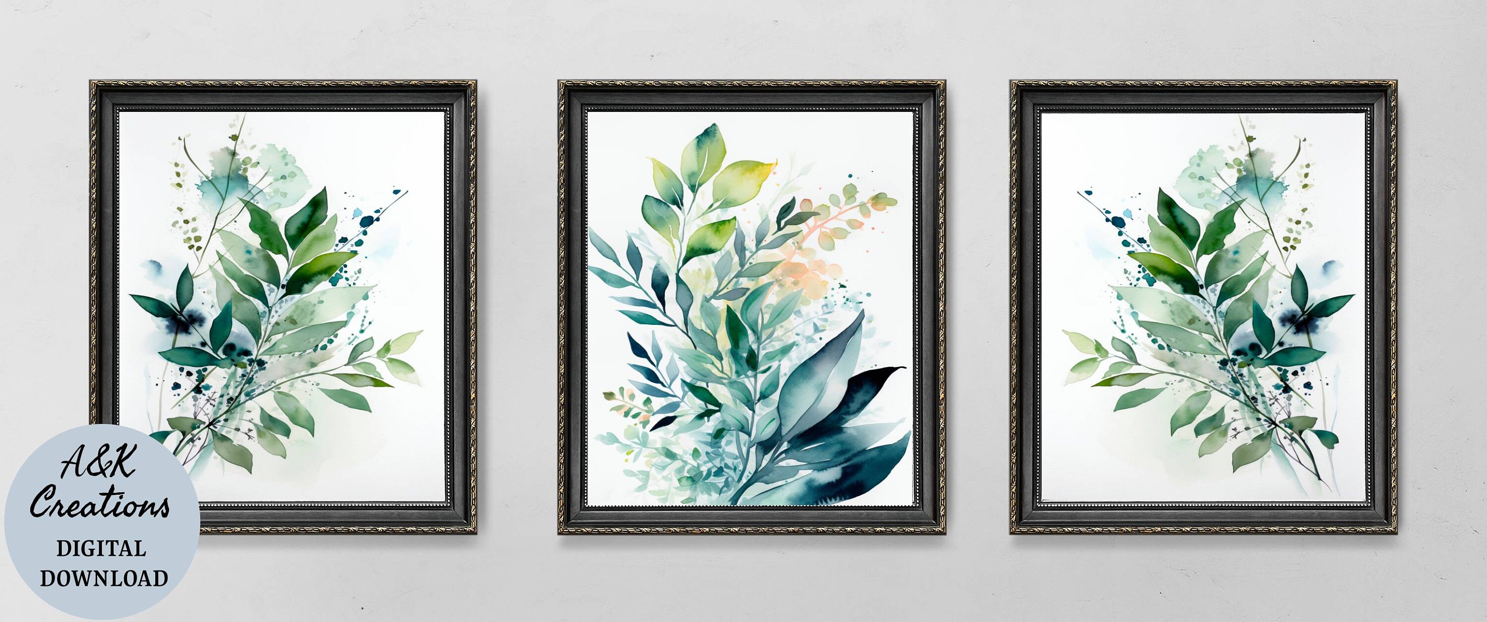 Set of 3 Blue and Green Watercolor Leaf Gallery Print home Gift ...