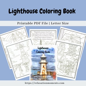 Printable Relaxation Coloring Pages, Lighthouse Coloring Book, Adult Coloring for Stress Relief and Relaxation, Coastal Coloring Book