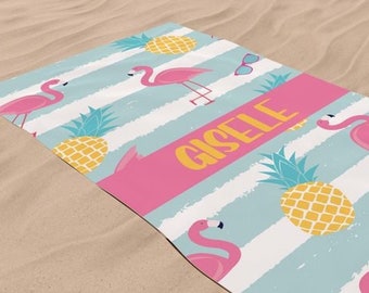 Flamingo Beach Towel, Personalized Name, Tropical Beach towel, Summer Flamingo Towel, Custom Towel