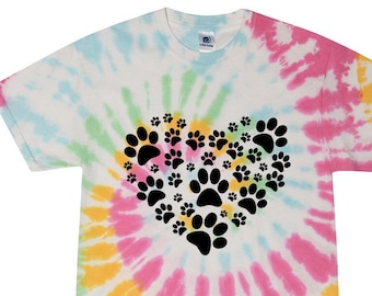 Tie Dye  Dog Heart Paw Shirt, Tie Dye Dog Shirts, Dog T-Shirt, Paw Dog Shirt, Dog Lover Shirt, Paw Heart Shirt, Women tie dye shirt,
