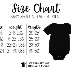 May include: Size chart for baby short sleeve one-piece clothing. The chart shows sizes from 3-6 months to 18-24 months, with corresponding weight and length measurements in pounds and inches.