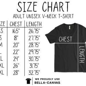 May include: Size chart for a unisex v-neck t-shirt. The chart shows the chest and length measurements in inches for sizes XS to 3XL. The chart also includes a black v-neck t-shirt with the words "CHEST" and "LENGTH" written on it.