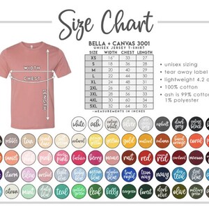 May include: Size chart for Bella + Canvas 3001 unisex jersey t-shirt. The chart shows measurements in inches for width, chest, and length for sizes XS to 5XL. The chart also includes information about the fabric composition: 100% cotton, with ash being 99% cotton and 1% polyester.