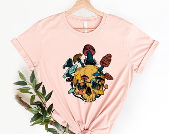 Cottagecore Clothing, Mushroom Shirt,Skull With Mushrooms, Mushroom Skull Shirt, Halloween Skeleton Shirt, Mycologist Goth Mushroom Shirt
