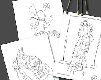 May include: Three black and white coloring pages featuring illustrations of people. The first page shows a person with a speech bubble that says "OOPS". The second page shows two people with bunny ears. The third page shows a person standing in front of a mirror with a person wearing a dress and holding a purse reflected in the mirror.