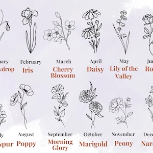 May include: A black and white line drawing of twelve different flowers, each representing a month of the year. The months are labeled with the flower's name, such as "January Snowdrop" and "February Iris".