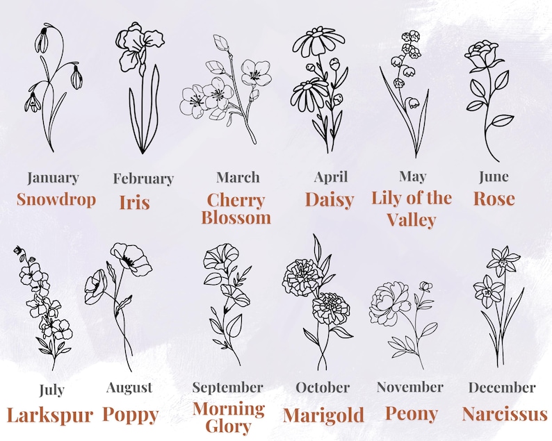 May include: A black and white line drawing of twelve different flowers, each representing a month of the year. The months are labeled with the flower's name, such as "January Snowdrop" and "February Iris".