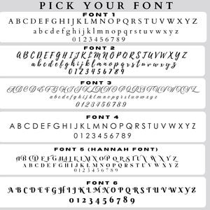 May include: Image showcasing six different font styles, each displayed with uppercase and lowercase alphabets, and numbers. The text "PICK YOUR FONT" is at the top. Font styles range from classic to script, with a "Hannah Font" option.