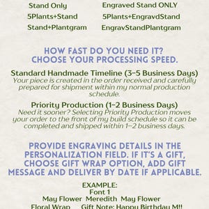 May include: A green and white graphic with instructions on how to order a personalized gift. The text includes options for gift personalization, processing speed, and gift wrapping. The image provides examples of how to provide engraving details.