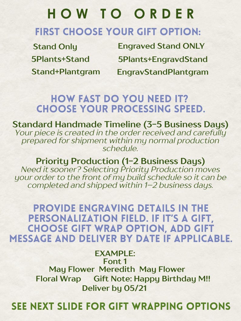 May include: A green and white graphic with instructions on how to order a personalized gift. The text includes options for gift personalization, processing speed, and gift wrapping. The image provides examples of how to provide engraving details.