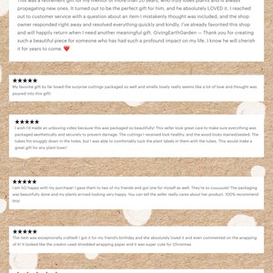 May include: A tan-colored background with the words "Customer Reviews" at the top. Below are customer testimonials with five-star ratings, praising the product's quality, packaging, and the seller's customer service. The reviews mention gifts and plant cuttings.