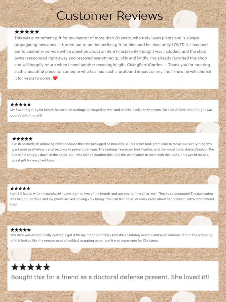 May include: A tan-colored background with the words "Customer Reviews" at the top. Below are customer testimonials with five-star ratings, praising the product's quality, packaging, and the seller's customer service. The reviews mention gifts and plant cuttings.