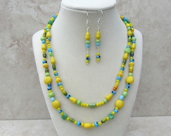 Spring Green Yellow Blue Glass Bead Necklace Earrings Set • Sterling Silver • Bright Jewelry